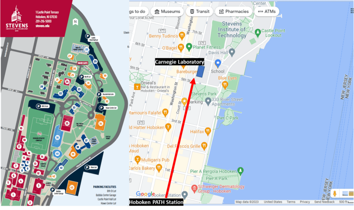 a map of Hoboken highlighting the Hoboken PATH station to Carnegie Laboratory