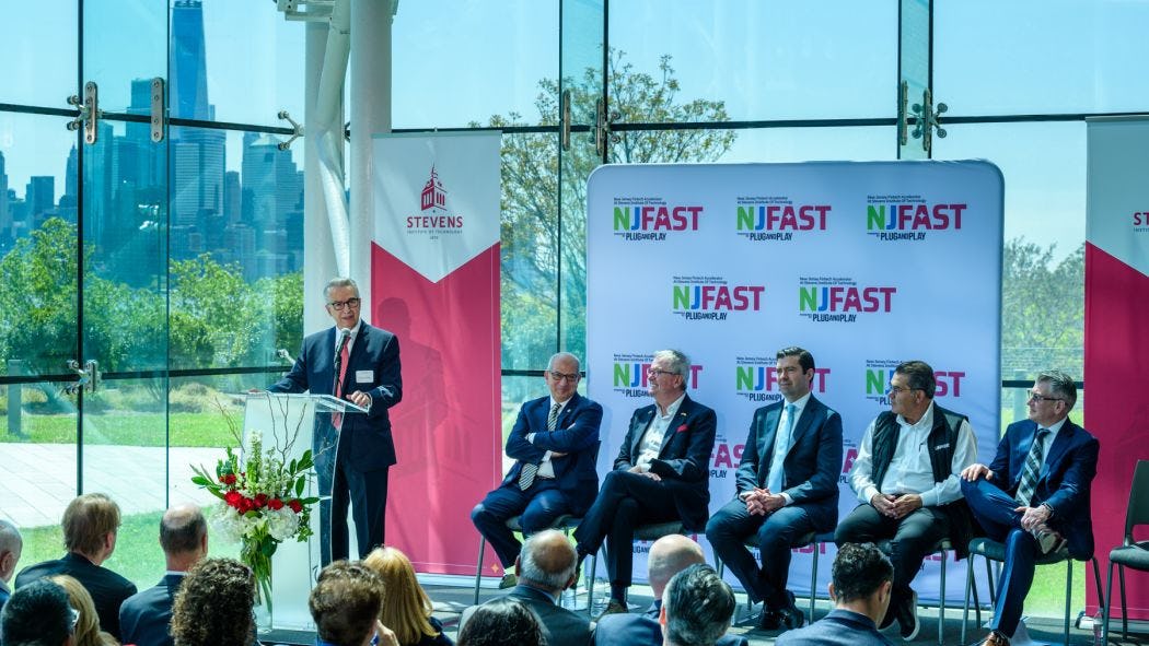 Stevens School of Business Dean Gregory Prastacos speaks during the NJ FAST announcement