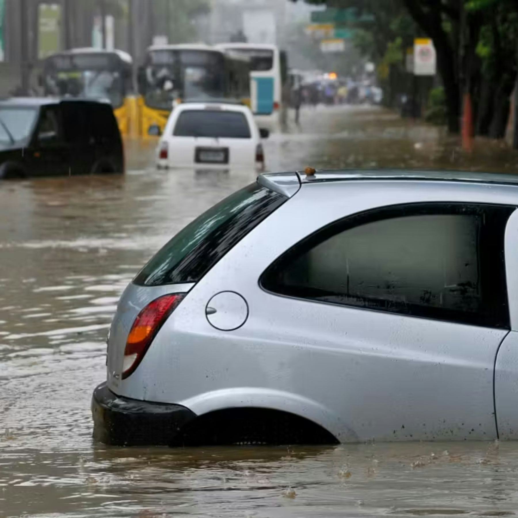 Cars floating in flooded streets