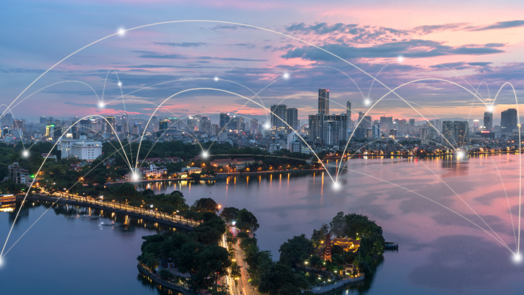 Smart city and wireless communication network concept. Digital network connection lines of Hanoi city at West Lake or Ho Tay.