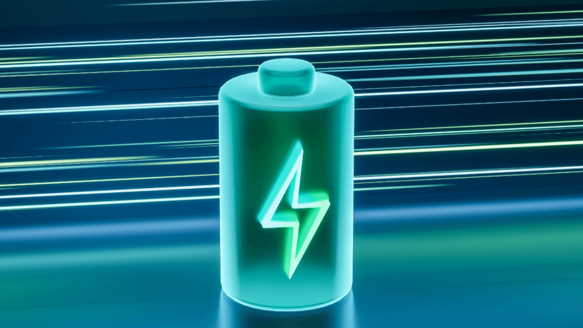 A graphic of a charged battery with bright horizontal lines behind it.