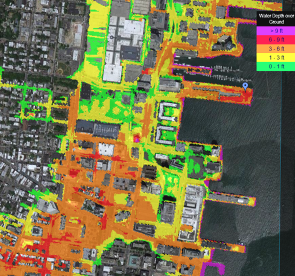 Stevens retrospective forecast flood map for Hurricane Sandy in Jersey City, New Jersey