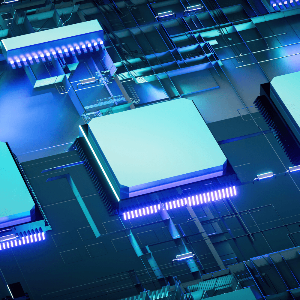 Three computer chips on a circuit board, all in blue