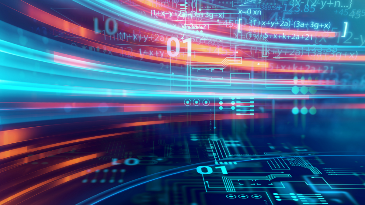 An abstract illustration of machine learning, featuring colorful lights, numbers, equations, and computer grids