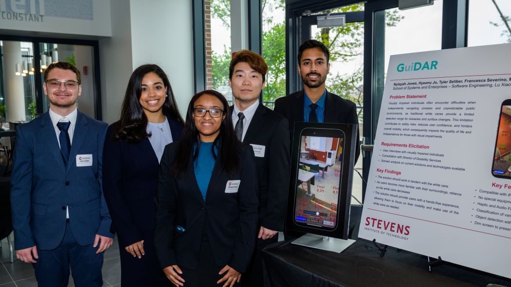 The Software Engineering GuiDAR team at the 2023 Innovation Expo. From left to right: Tyler Seliber, Francesca Severino, Nylayah Jones, Hyeonu Ju and Mehrab Syed.