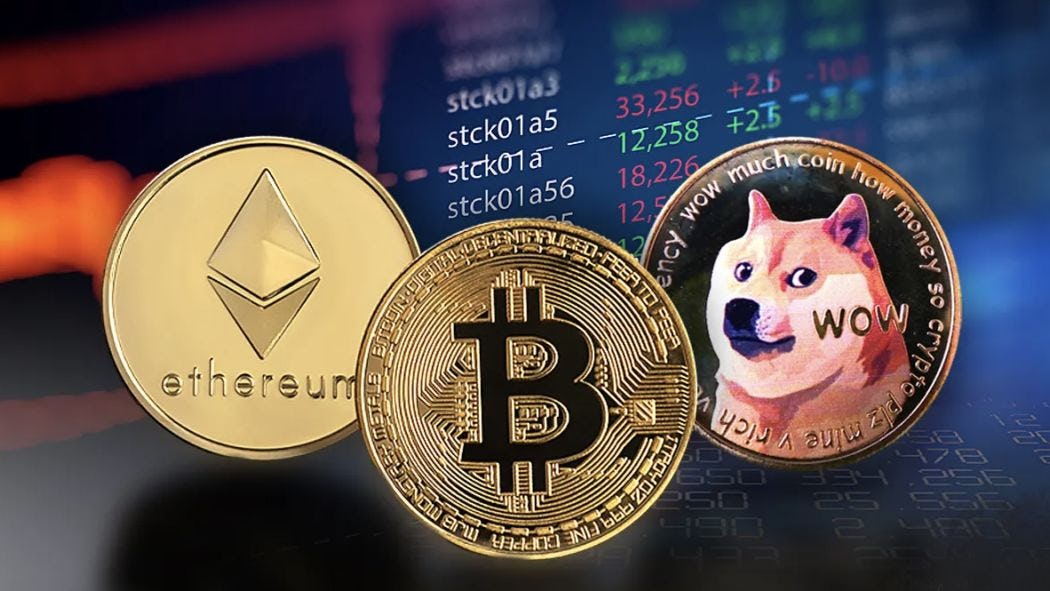 illustration of Bitcoin, Ethereum and Doge coin