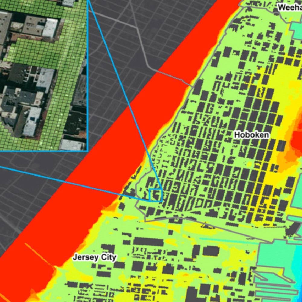 Stevens-produced colored map showing New Jersey flooding in Hoboken and Jersey City