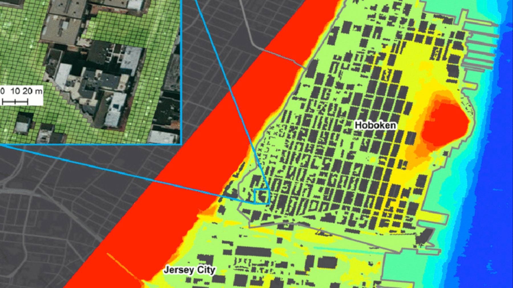 Stevens-produced colored map showing New Jersey flooding in Hoboken and Jersey City