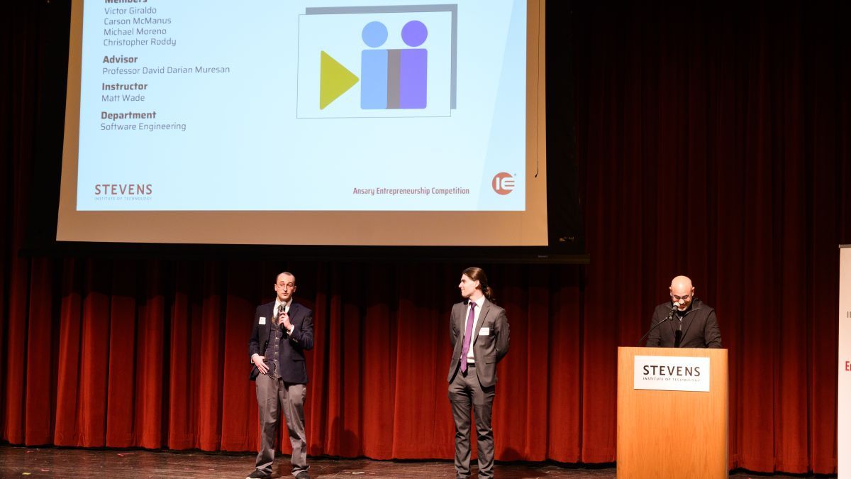 Carson McManus and Christopher Roddy pitch their Senior Design project "OpenTogetherTube Load Balancer" during the 2024 Ansary Competition.