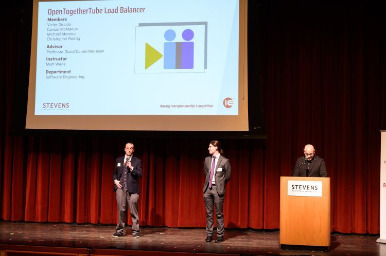 Carson McManus and Christopher Roddy pitch their Senior Design project "OpenTogetherTube Load Balancer" during the 2024 Ansary Competition.