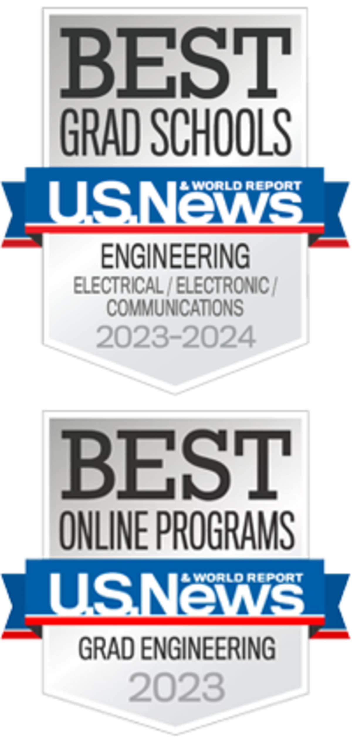 U.S. News and World Report 2023-24 Best Electrical / Electronic / Communications Engineering and 2023 Best Online Grad Engineering Badges