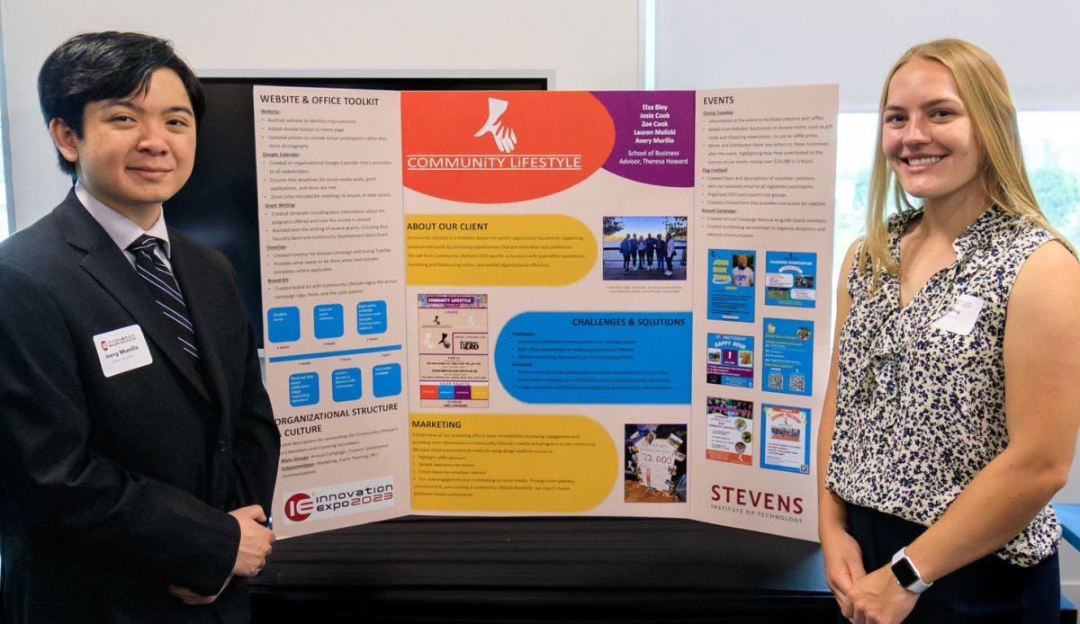 Two Stevens students with poster of their presentation describing local business consultancy